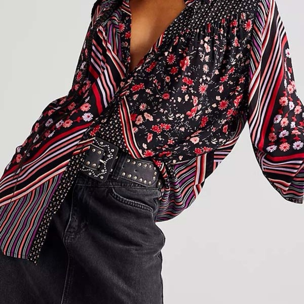 Free People Black and Red Floral Blouse